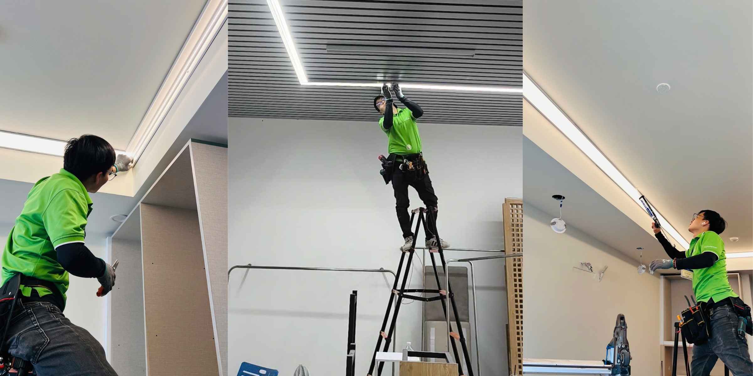 kỹ thuật viên lắp đặt đèn led âm trần trong nhà bằng thang và dụng cụ chuyên dụng